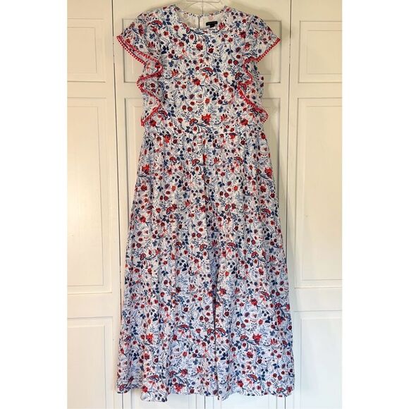 Ann Taylor red and blue floral ruffle trim maxi dress size small - Picture 4 of 12